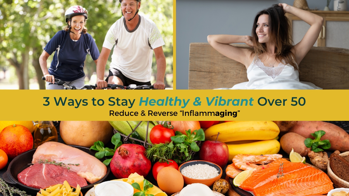 Couple biking, smiling woman in bed, healthy food, 3 ways to stay healthy & vibrant over 50: reduce and reverse inflammaging | 3 ways to reduce inflammaging & boost health over 50 | Creative Balance Health