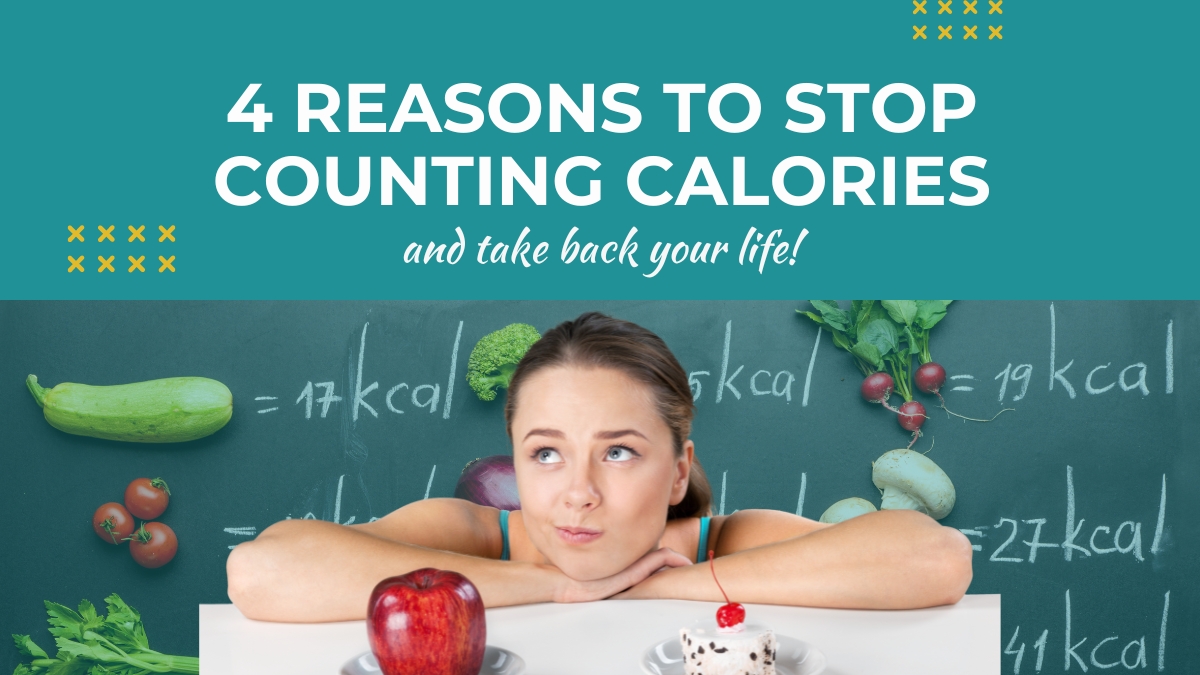 frustrated woman with apple and dessert | 4 reasons to stop counting calories | creative balance ehalth