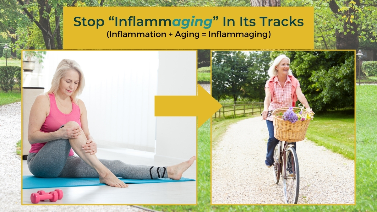 Aching middle aged fitness woman seated and happy middle aged woman bicycling in the park | Stop Inflammaging in its tracks for healthier aging | Creative Balance Health